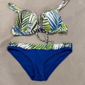 Leaf Print Bikini Set with Blue Bottoms